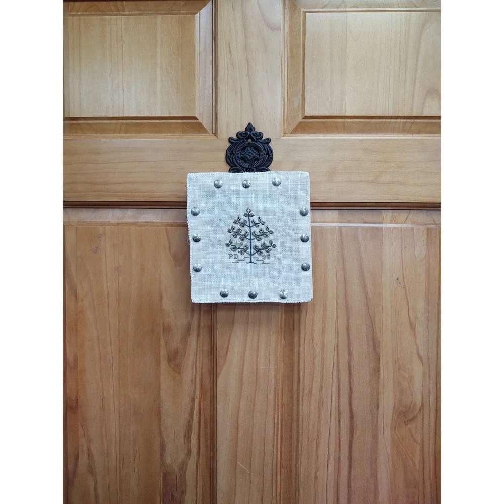 Vintage Completed Cross Stitch Tree Wood Frame Secured Brass Thumb Nails 7